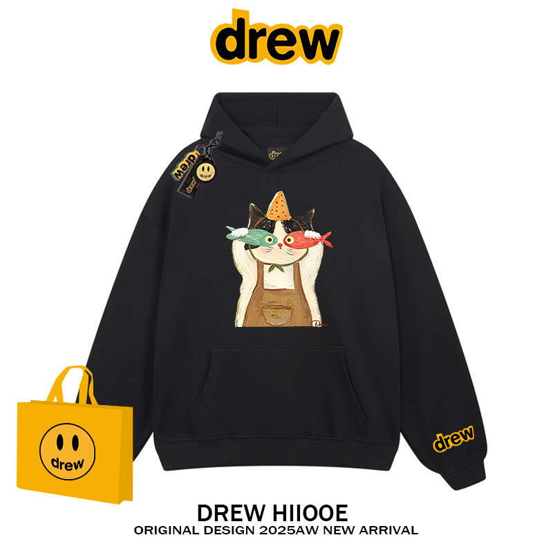 drew美式潮牌趣味猫咪印花连帽卫衣男女休闲宽松情侣秋冬加绒外套