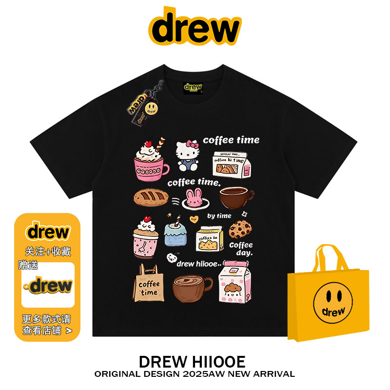 drew美式潮牌咖啡kitty猫印花短袖t恤男女夏季纯棉宽松情侣款上衣