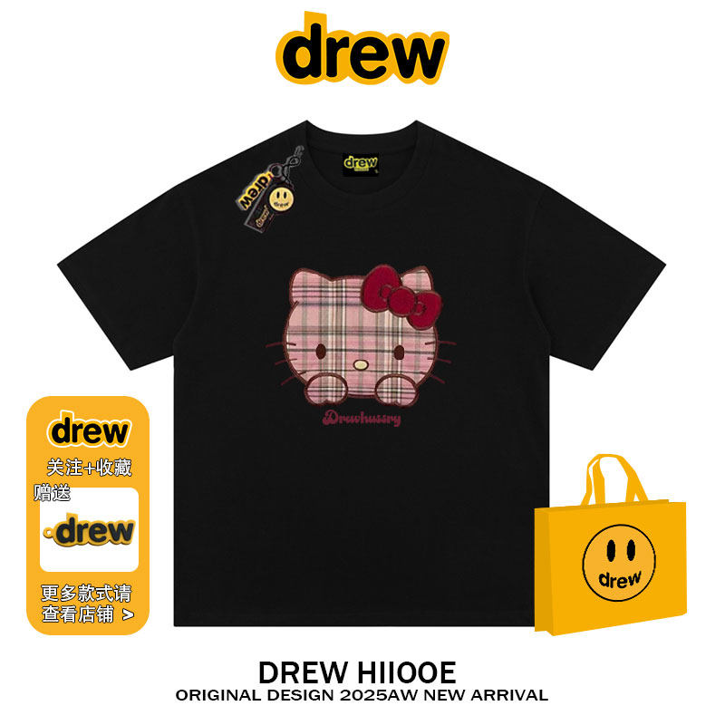 drew美式潮牌复古格子KT猫宽松纯棉短袖t恤男女夏季情侣装半袖ins