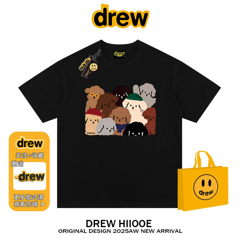 drew美式潮牌趣味小狗印花短袖t恤男女夏季纯棉百搭宽松情侣装ins