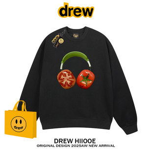 drew美式 潮牌番茄耳机印花圆领卫衣男女休闲宽松情侣秋冬加绒上衣