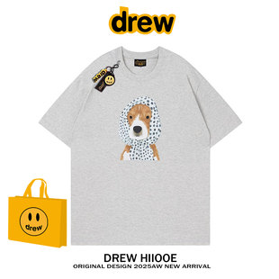 drew潮牌波点围巾小狗印花圆领短袖T恤女夏季宽松情侣纯棉上衣ins