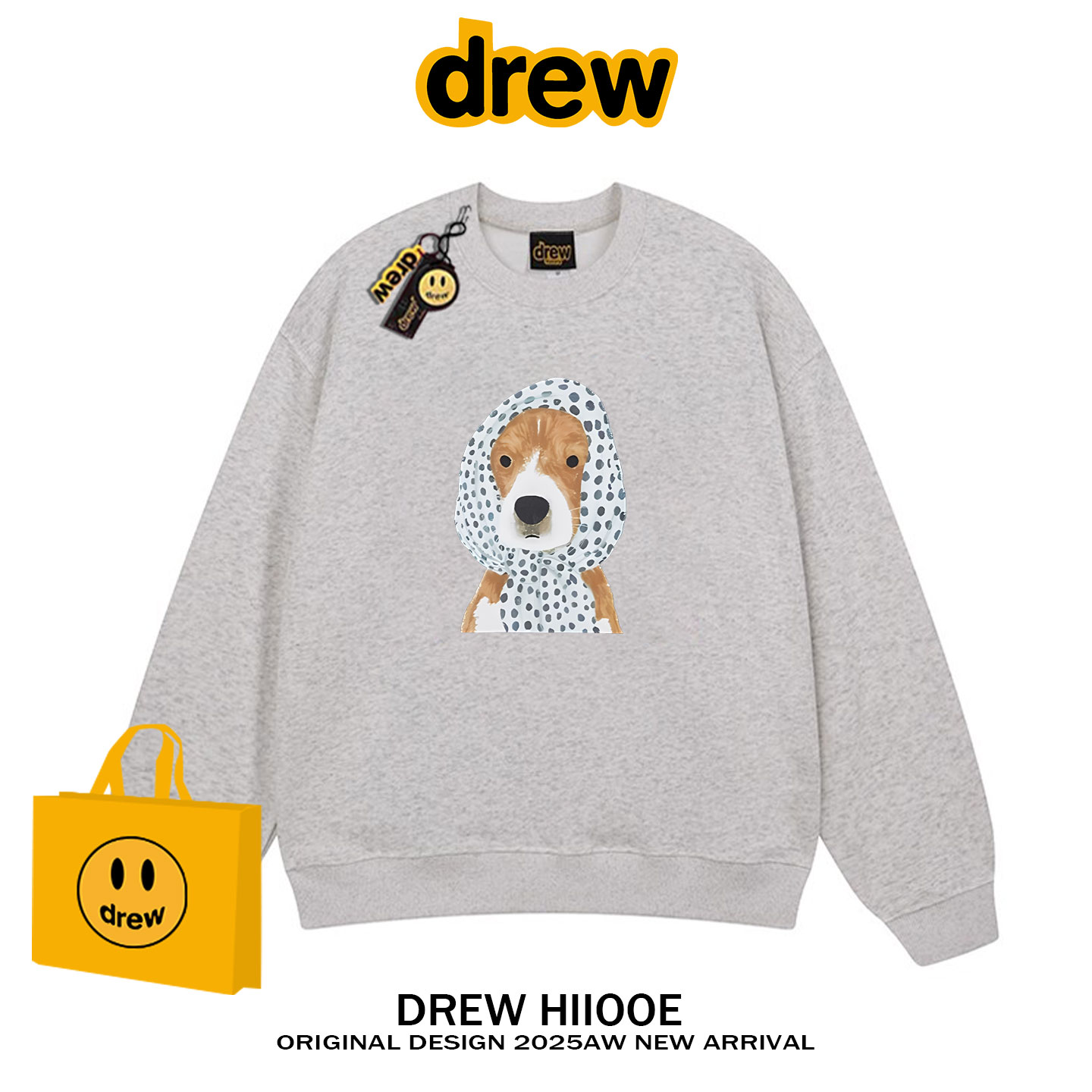 drew潮牌波点围巾小狗印花圆领卫衣女秋冬季宽松情侣2025新款上衣