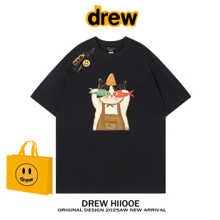 宽松休闲情侣百搭上衣 T恤男女夏季 drew美式 潮牌趣味猫咪印花短袖