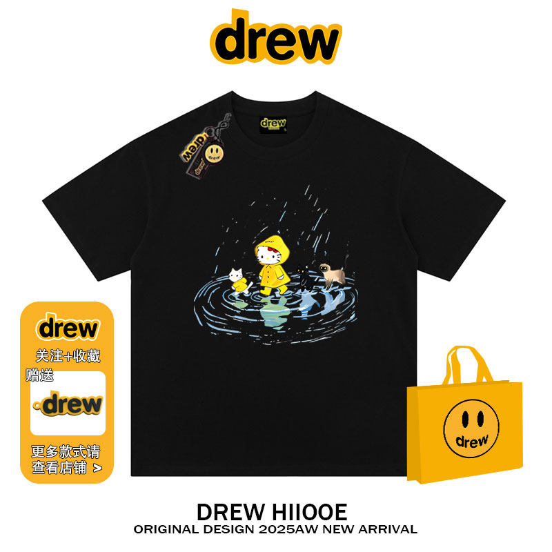 drew美式潮牌卡通雨衣KT猫短袖t恤男女夏季纯棉休闲宽松情侣上衣