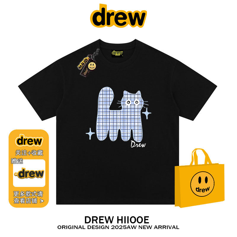 drew美式潮牌卡通格子猫印花短袖t恤男女纯棉宽松情侣百搭上衣ins