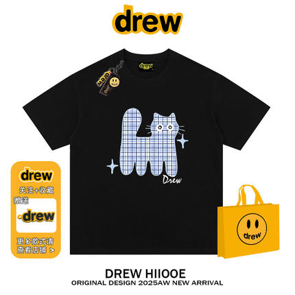 drew美式潮牌卡通格子猫印花短袖t恤男女纯棉宽松情侣百搭上衣ins