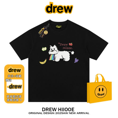 drew美式潮牌卡通彩虹狗印花短袖T恤男女2025夏季宽松情侣半袖ins
