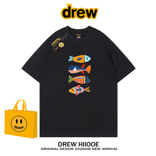 drew美式 t恤男女夏季 宽松休闲情侣半袖 潮牌趣味鱼类印花纯棉短袖