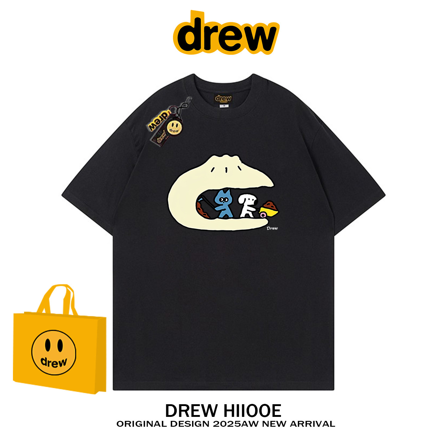 drew美式潮牌趣味包子猫狗印花纯棉短袖T恤男女宽松休闲情侣半袖