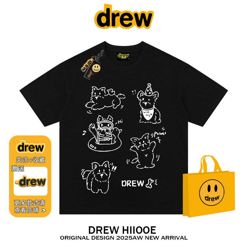 drew美式潮牌约克夏狗狗卡通短袖t恤男女夏季宽松百搭情侣上衣ins