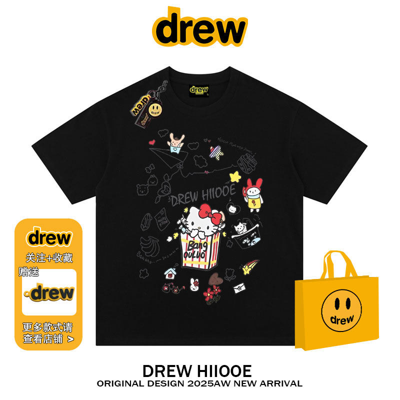 drew美式潮牌可爱卡通印花圆领短袖t恤男女夏季休闲宽松情侣上衣