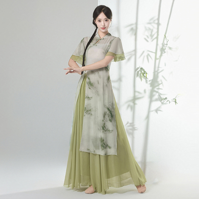 新款古典舞国风旗袍演出服装印花弹力上衣中国舞蹈飘逸身韵练功服