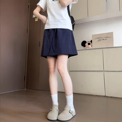 藏青色山本工装裙裤女夏季薄款大码胖mm高腰遮胯显瘦a字五分裤潮