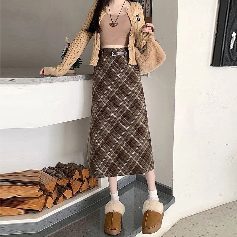 毛呢格子半身裙女2025新款秋冬季高腰A字包臀开叉格纹长裙配腰带