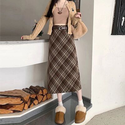 毛呢格子半身裙女2025新款秋冬季高腰A字包臀开叉格纹长裙配腰带