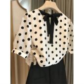 雪纺短袖 波点洋气衫 2026夏季 气质上衣蝴蝶结泡泡袖 小香风小衫 韩版