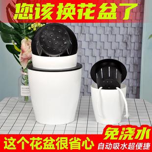 家用懒人自动吸水花盆绿萝多肉双层透气树脂花盆大白色简约兰花盆