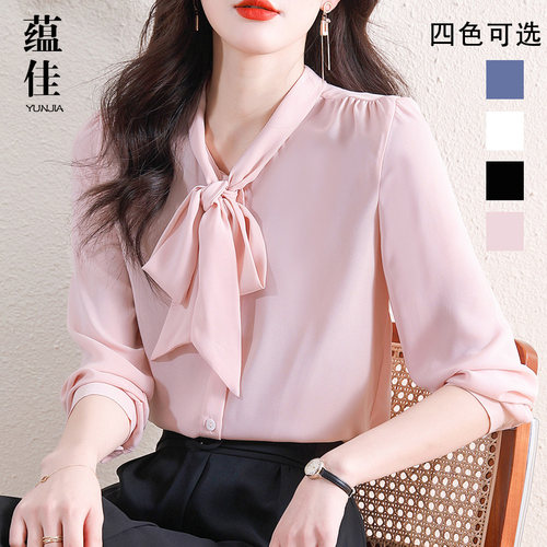 蕴佳显瘦韩版长袖蝴蝶结衬衫女