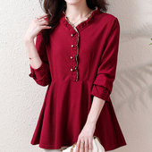 长袖 女装 早秋季 女士衬衫 新款 大码 微胖mm荷叶边领别致打底小衫 上衣