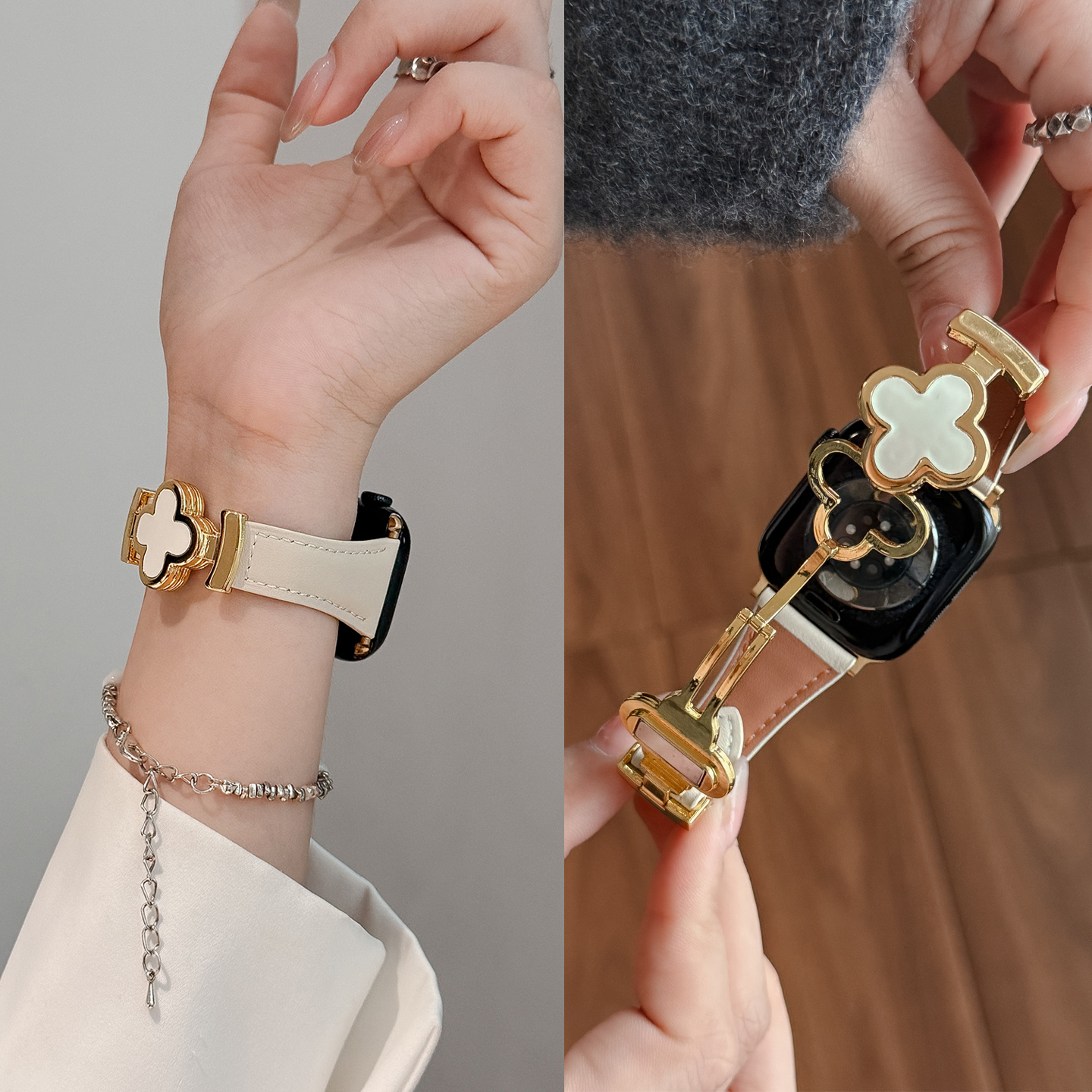 适用AppleWatch11苹果手表S10/9四叶草s8高级感s9真皮磁吸扣手表带女士s7花朵秋冬款腕带小众气质磁吸扣女