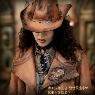 马皮皮衣古董猎装 真皮定制皮雕签名 立领复古机车翻领艺术擦色男士