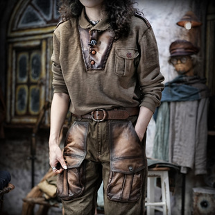 手工卫衣真皮拼接刺子工装复古皮扣长袖T恤打底衫男军旅痞帅女