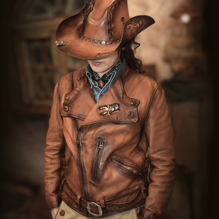 老钱风皮衣马皮古董猎装立领复古机车翻领艺术擦色男士真皮夹克