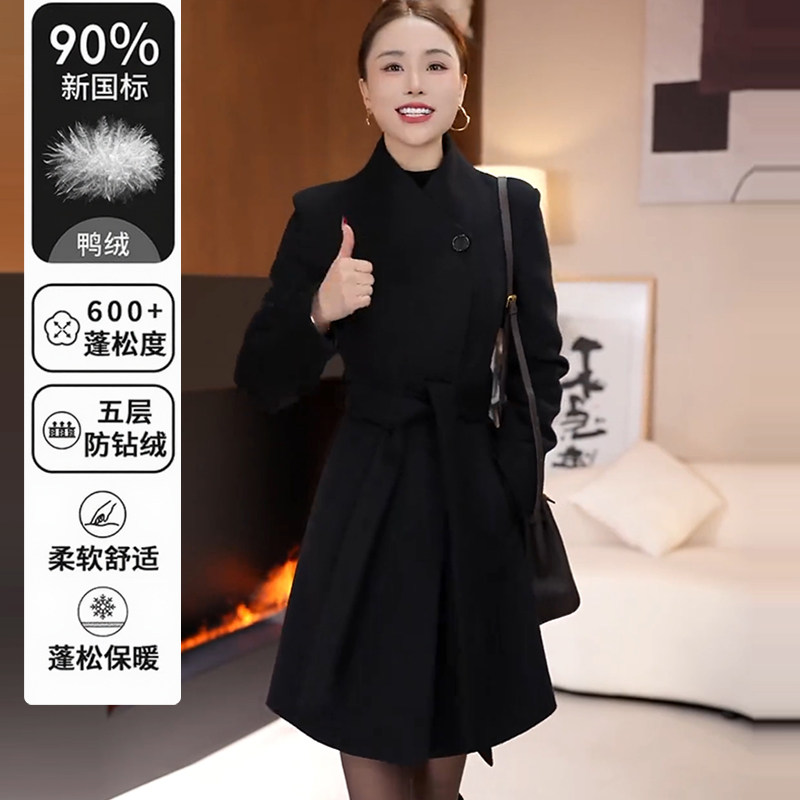 黑色毛呢外套女中长款2025秋冬新款系带收腰显瘦气质羊毛羽绒大衣