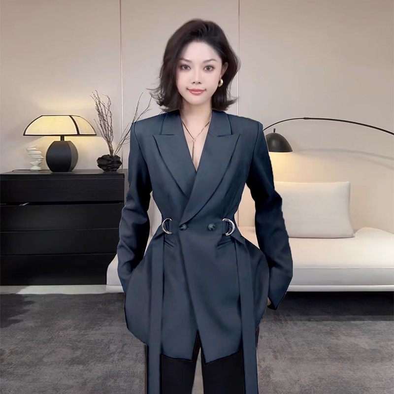 2026年春秋季新款黑色高级感韩系时尚设计感小西装女系带气质外套