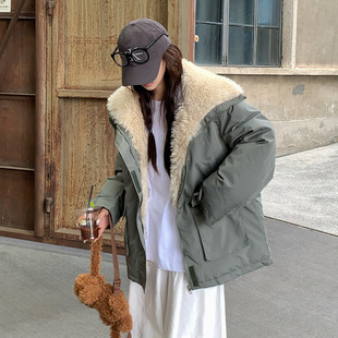 棉衣女款2025新款冬季加厚短款羊羔毛派克服韩系慵懒风棉袄外套女