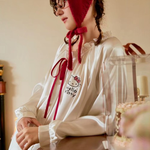 果家睡衣女夏季新款Ki tty新款甜美冰雪丝宽松家居服长袖套装女