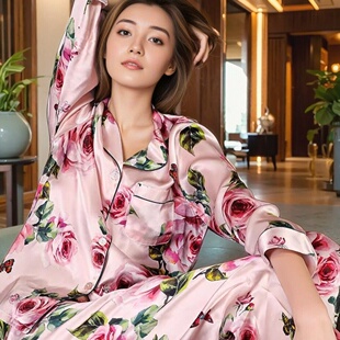 心头宝 印花重磅真丝睡衣长袖长裤100桑蚕丝加大码套装家居服套装