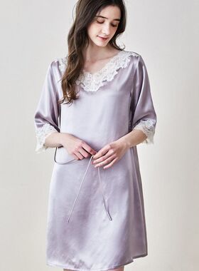 母亲节送妈妈新蕾丝边真丝睡裙半袖宽松居家连体裙桑蚕丝凉感睡衣