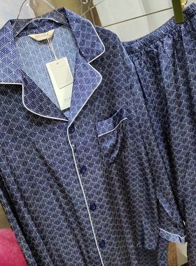 父亲节礼物重磅真丝睡衣男100桑蚕丝19mm长袖长裤印花蓝色家居服