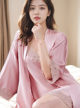 宅家静享 蕾丝性感真丝睡衣套装吊带睡袍晨袍浴袍100桑蚕丝家居服