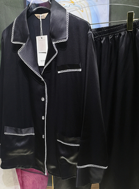 名媛小香风幸福 新品特惠 重磅真丝睡衣女长袖长裤套装家居服黑色
