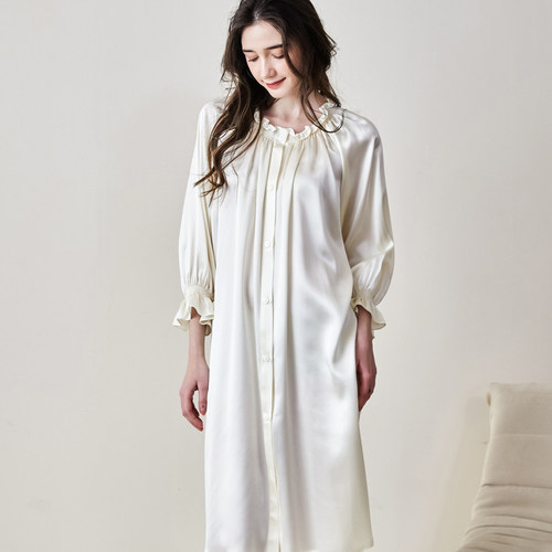 夏季新款女士真丝睡裙宽松100%桑蚕丝一字肩法式荷叶袖公主连衣裙