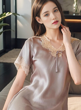 嫂嫂粉&蕾丝领真丝睡裙女100桑蚕丝春夏季性感短袖长款连体裙睡衣