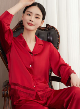 本命年红色 重磅真丝睡衣长袖套装女士高级感100桑蚕丝家居服大码