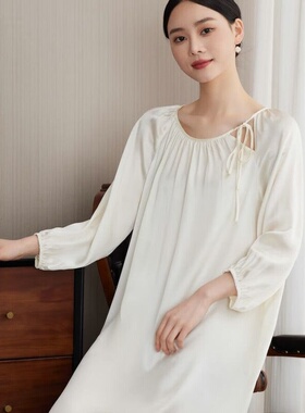 SILK法式胖MM大码宽松长款连衣睡裙系带领夏日新款真丝睡裙100桑