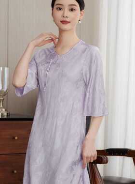 SILK气质连衣裙新中式斜扣真丝睡裙100桑蚕丝七分袖春夏睡衣居家
