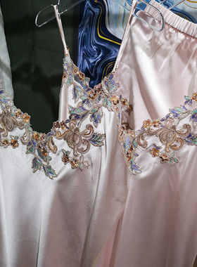 22年夏季女刺绣LP吊带短裤重磅真丝性感睡衣100桑蚕丝分体套装睡