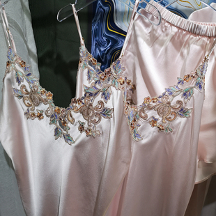 22年夏季女刺绣LP吊带短裤重磅真丝性感睡衣100桑蚕丝分体套装睡