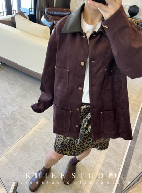 【特价no退换】复古深酒红色环保麂皮绒pu领拼接工装夹克外套女