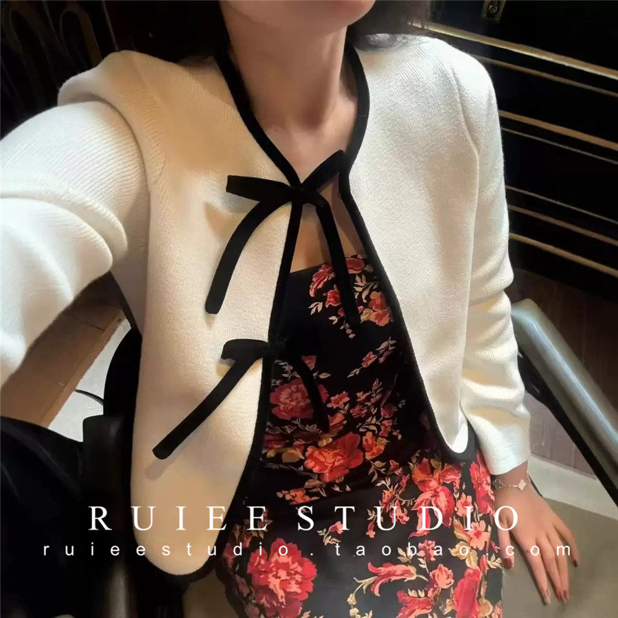 2026早春 小香黑白撞色包边系带针织开衫短外套女,女装/女士精品,毛针织衫,淘宝优惠券,粉丝福利购,淘宝优惠卷