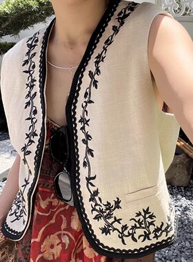 波西米亚民族 苎麻重工刺绣马甲度假外搭女