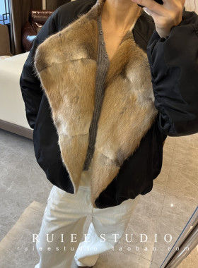 进口青根貂大翻领宽松白鸭绒派克皮草羽绒服女