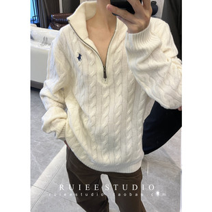 90羊毛10羊绒RL老钱经典小马刺绣高领立领半拉连绞花毛衣针织衫女