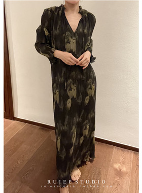 春夏gann*深绿晕染水墨印花压褶百褶荷叶边宽松长款连衣裙